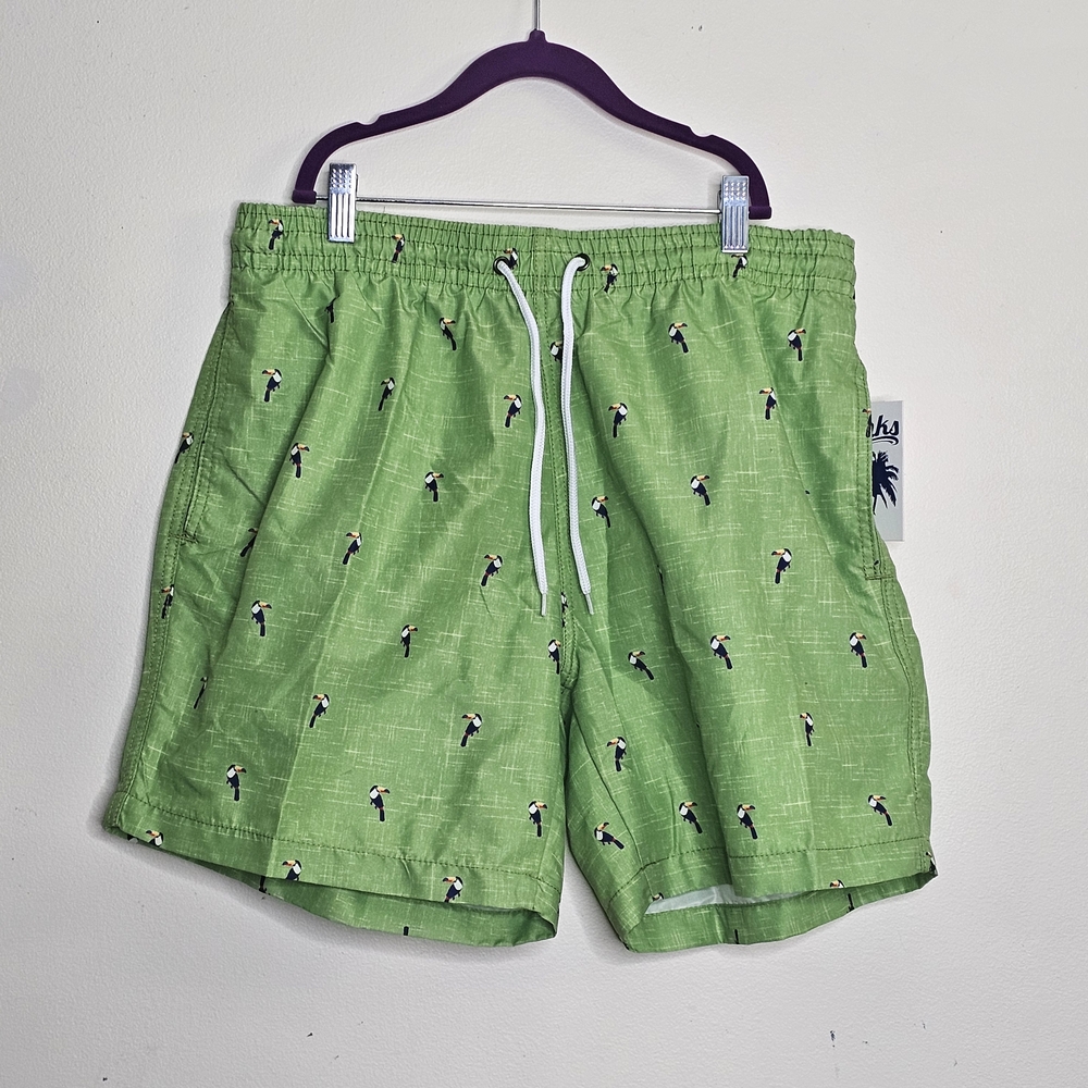 Men's Green Swim Trunks with Tucan Print Detail